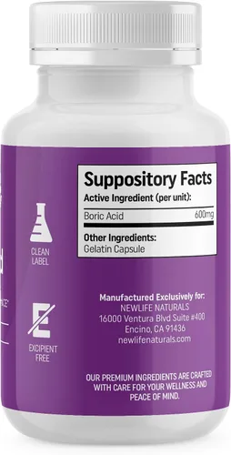 Vista 6 de NewLife Naturals - Supositorios de ácido bórico para mujeres píldoras de equilibrio de pH - 600 mg - Cuidado femenino - Descarga de picazón de olor