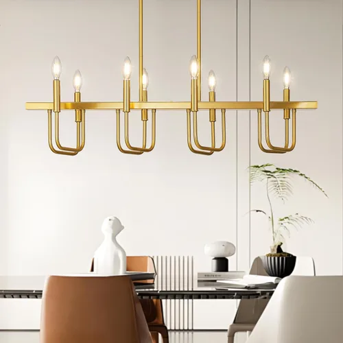 Vista 3 de Lámparas de comedor rectangulares sobre la mesa, candelabros lineales para comedor, candelabro moderno de 8 luces en oro cepillado, luces de isla