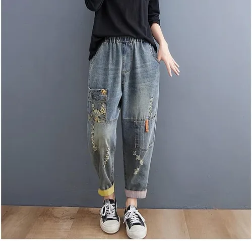 Vista 3 de LAI MENG FIVE CATS Pantalones vaqueros sueltos para mujer, pantalones harén con cintura elástica con bolsillo