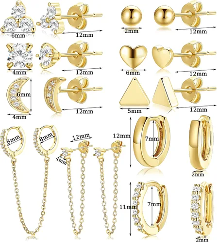 Vista 2 de Juego de aretes y aros chapados en oro de 14 quilates para mujeres y niñas, hipoalergénicos, pequeños, delicados, minimalista, cadena de cartílago