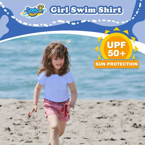 Vista 2 de Camiseta de natación de manga corta para niños y jóvenes, camiseta de natación de secado rápido UPF+ 50, azul (Ethereal Blue)