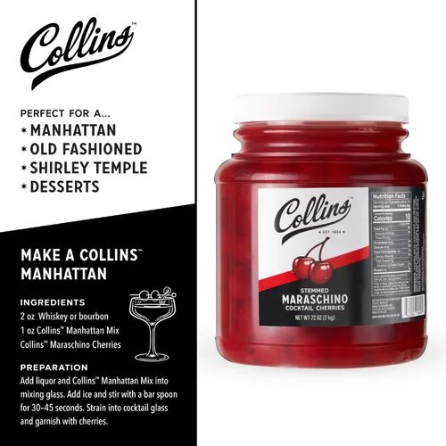 Vista 3 de Collins - Cerezas marrasquinas con Tallo de 72 onzas, guarnición de cóctel a granel para cócteles sin alcohol, postres y helados sundae, cerezas