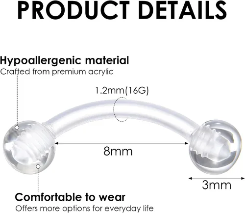 Vista 2 de Yolev 15 piezas de retenedores de piercing transparentes para cejas, 0.63 onzas, barra curvada invisible, anillos de ombligo de plástico, cartílago