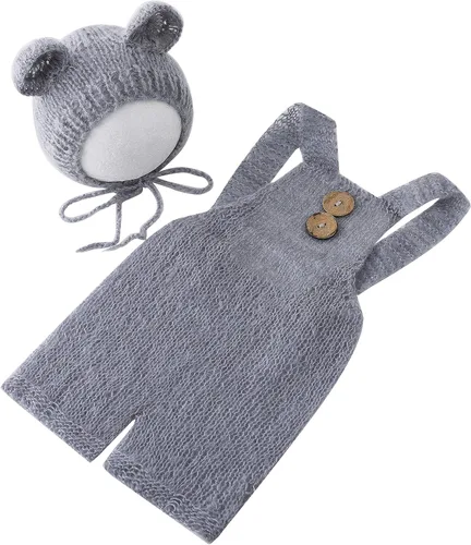Vista 3 de Vemonllas Accesorios de fotografía para recién nacidos trajes para niños y niñas gorro de oso mohair y con pantalones de tirantes accesorios