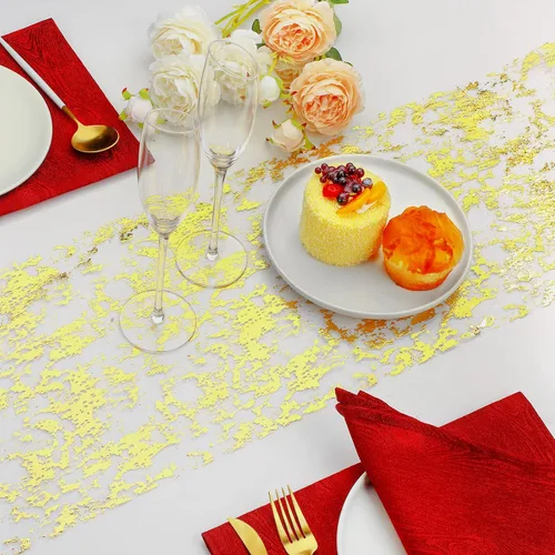Vista 4 de Tegeme Camino de mesa dorado metálico de 11 pulgadas x 33 pies con purpurina metálica fina decoración de mesa de tela dorada con lentejuelas