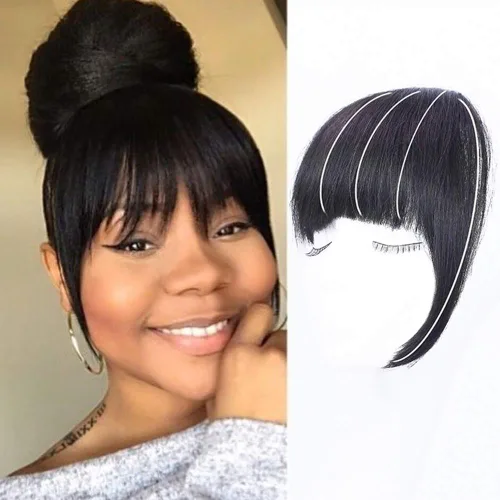 Vista 8 de Extensiones de cabello humano real con flecos, clip en flequillo, con sienes