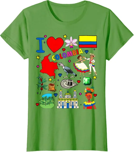 Vista 3 de Camiseta con diseño de bandera y mapa de I Love Colombia dibujada a mano