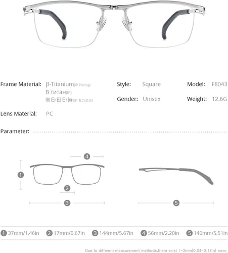 Vista 2 de Marco de lentes de titanio abatible de 180 para hombre, lentes ópticos cuadrados F8043