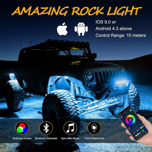Vista 5 de Niwaker - Kits de luces de roca RGB, 4 cápsulas de luces LED RGB con control Bluetooth, luces LED de neón multicolor para camiones, ATV, UTV, SUV