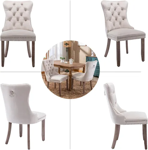 Vista 8 de Juego de 2 sillas de comedor de terciopelo beige, modernas sillas de cocina tapizadas