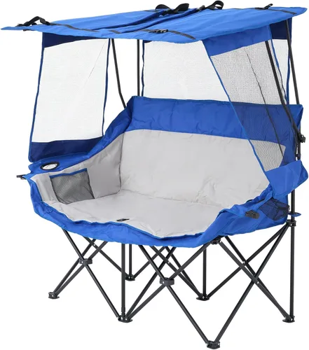 Vista 10 de Sillas de campamento dobles con toldo plegable, silla de playa resistente, de gran tamaño, silla de dos plazas acolchada para exteriores, para 2