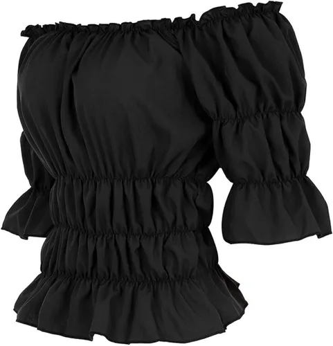 Vista 2 de Blusa renacentista para mujer, estilo victoriano, steampunk, pirata, hombros descubiertos, manga corta, blusa fruncida