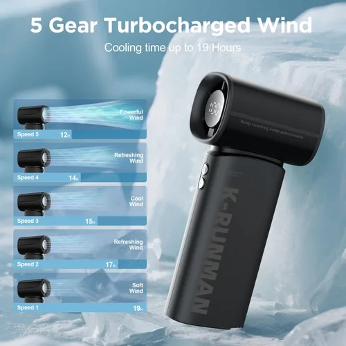 Vista 3 de Ventilador turbo portátil de mano, 5 velocidades, viento fuerte, mini ventilador personal con pantalla LED, enfriamiento máximo de 19 horas, Negro
