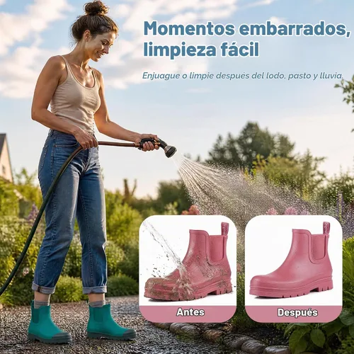 Vista 9 de Planone - Botas cortas de lluvia de ancho amplio para mujer, Chelsea impermeables de moda para mujer, botas de jardín al aire libre mate, botas