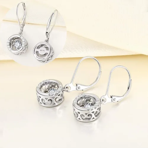 Vista 5 de YL Aretes redondos con halo de plata de ley, con solitario de diamante bailarín, aretes colgantes con piedras de nacimiento redondas, joyería
