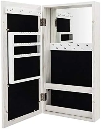 Vista 5 de Armarios de madera para colgar con marco de fotos, armario de joyería con cerradura con espejo interior, caja organizadora de joyas para ahorrar