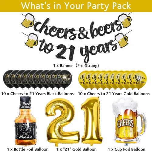 Vista 2 de 21st Birthday Anniversary Decorations for Men Women (Black Gold) Gold Foil Balloon, Cheers Cup Foil Balloon for Wedding Anniversary Party Supplies