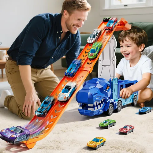 Vista 2 de Juego de pistas de camiones para niños de 3, 4, 5, 6 años, camión de dinosaurio, pista de carreras con 12 juguetes de autos de carreras fundidos a