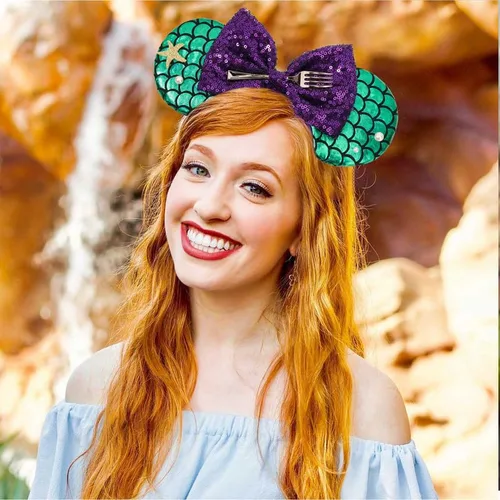 Vista 6 de ETLUK Diadema de orejas de ratón, orejas de ratón inspiradas en sirena, diadema con lazo de lentejuelas para mujeres adultas, cosplay, decoraciones