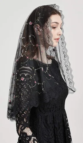 Vista 4 de FANFAN Encaje Rosa Flor Mantilla Capilla Velo Católico Chal Envoltura Y018