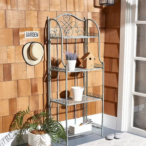 Vista 2 de SAFAVIEH Colección Outdoor Amaris - Estante de panadería de 4 niveles, estilo victoriano, de hierro forjado envejecido, color verde oscuro