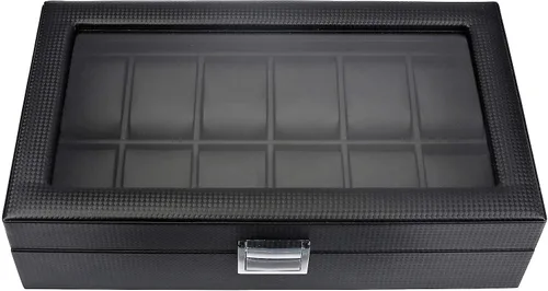 Vista 7 de Mantello Caja de reloj 12 ranuras para hombres Caja de reloj con tapa de cristal grande Organizador de caja de reloj para hombre (negro)