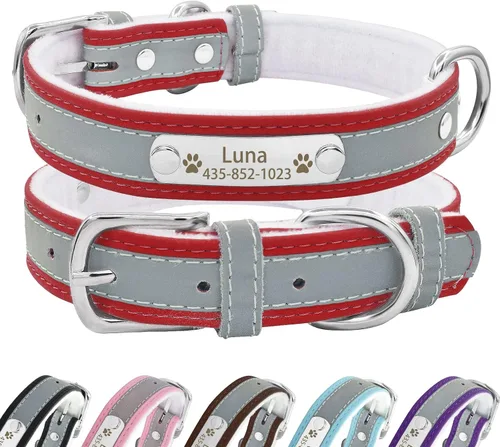 Vista 20 de Collar de perro de cuero reflectante personalizado con forro cálido, collar de perro personalizado con placa de nombre grabada para perros y gatos