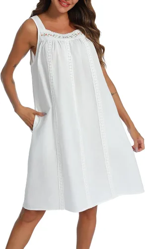 Vista 2 de YOZLY - Camisones de algodón sin mangas para mujer, camisón de tanque de noche con bolsillos A-Solid Blanco