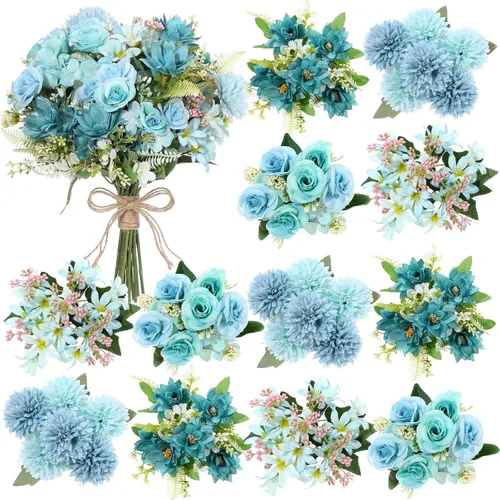 Vista 10 de Zeyune 24 paquetes de flores artificiales azules a granel ramo de seda