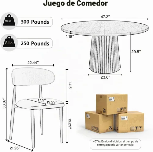 Vista 2 de Black Round Dining Table Set for 4, 47 In Kitchen Table with 4 Fabric Chair