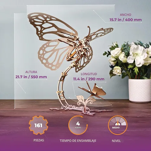 Vista 2 de Ugears Rompecabezas 3D de madera para adultos, kit de modelo mecánico de rompecabezas de mariposa, rompecabezas de madera 3D para adultos autómata