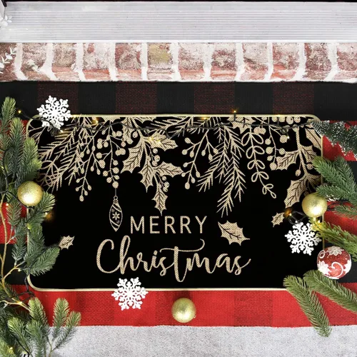 Vista 4 de Artoid Mode Alfombra de Puerta con Vistoso Vistoso de Muérdago y Acebo Negro, Feliz Navidad, Decoración de Hogar de Invierno de Bajo Perfil