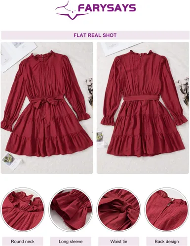 Vista 4 de FARYSAYS Vestidos de mujer 2023 de manga larga con volantes en la cintura, lazo casual escalonado, acampanado, mini vestido con vuelo