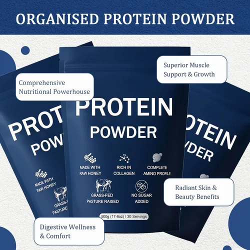 Vista 4 de Proteína en polvo organizada, más de 80 oligoelementos, con proteína de carne en polvo, colágeno en polvo, miel cruda, jarabe de arce, dátiles