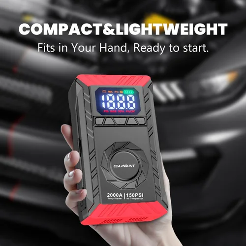 Vista 5 de SEAMOUNT Arrancador de 2000A con compresor de aire, cargador y potenciador de batería de auto portátil de 12V para motores de 6.0L de gasolina