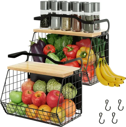Vista 13 de Mefirt Estante Magnético para Refrigerador con Tapa de Madera, Cesta de Frutas Resistente, Contenedores de Almacenamiento de Frutas, Papas