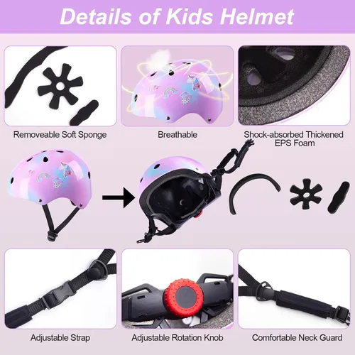 Vista 5 de Casco para niños, casco de bicicleta para niños pequeños con pegatinas DIY Unicornio, rodilleras y coderas ajustables, juego de protección para Rosa
