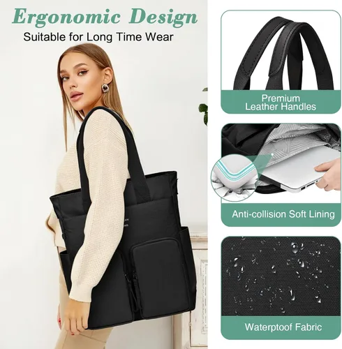 Vista 3 de Large Nylon Tote Bag for Women Work with Zipper Pocket Waterproof Laptop College Tote bag Shoulder Purse Travel Handbag
