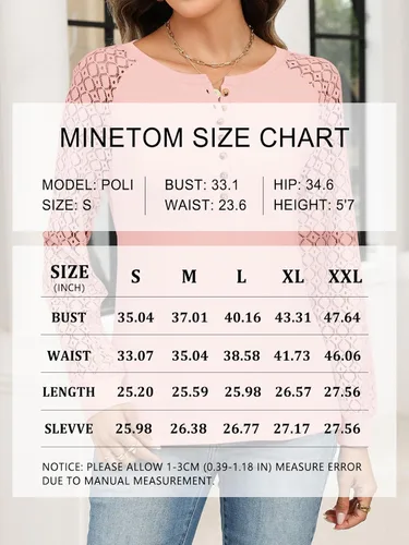 Vista 6 de Minetom Camisetas de manga larga con encaje para mujer, blusas casuales