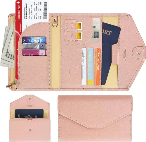 Vista 2 de Zoppen - Billetera de viaje con bloqueo RFID multiusos (Ver.4) Portatarjetas de pasaporte y vacunas, organizador de documentos de tres pliegues