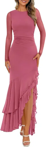 Vista 11 de BTFBM Maxi vestidos de mujer otoño 2026 manga larga vestido de invitada de Café