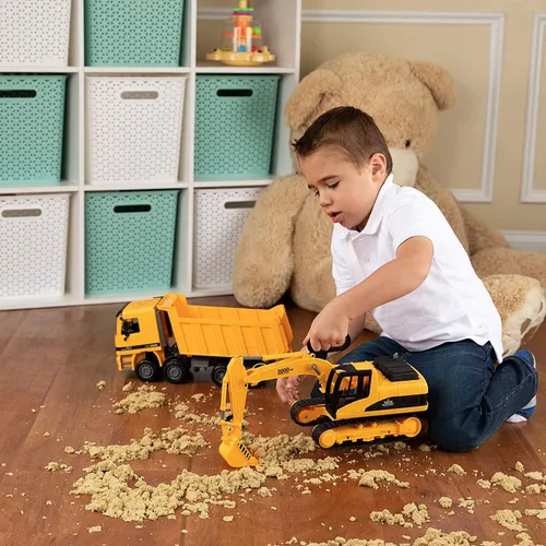 Vista 8 de Toy To Enjoy Juguetes de construcción – Excavadora y camión volquete de juguete para niños (juego de 2) – Garra movible y elevación trasera – Camión