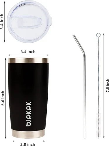 Vista 3 de BJPKPK Vaso de café de 20 onzas con tapa, pajita, taza aislada de acero Negro