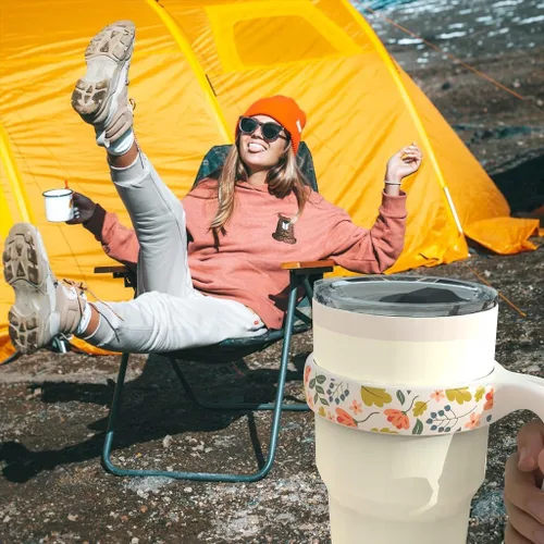 Vista 6 de Mango para vaso YETI de 30 onzas, mango blanco con patrón de flores, 1 paquete