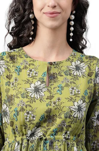 Vista 7 de Janasya Vestido acampanado con estampado floral de lúrex de gasa verde oliva para mujer india