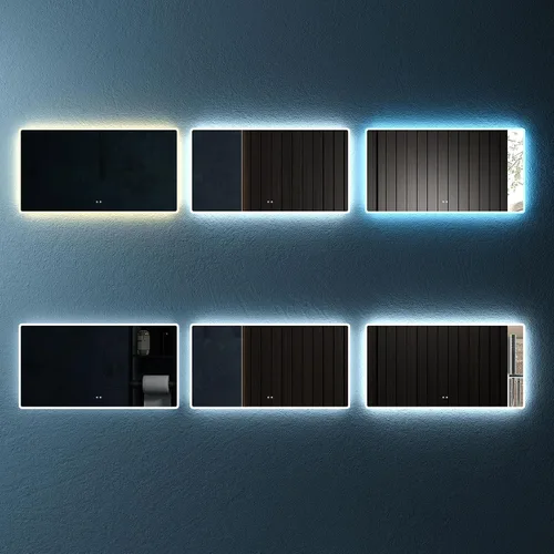 Vista 2 de Espejo de baño rectangular redondeado de 60 pulgadas de ancho x 32 pulgadas de alto, montado en la pared, retroiluminado, antiniebla, rectangular
