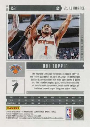 Vista 2 de 2020-21 Panini Chronicles #159 Obi Toppin New York Knicks RC Rookie Card Official NBA Basketball Trading Card in Raw (NM or Better) Condition