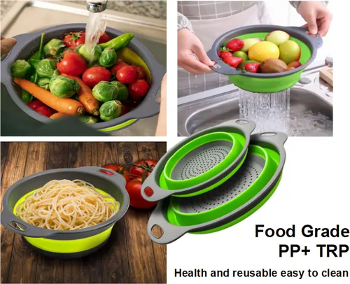 Vista 5 de Juego de coladores plegables, filtro de cocina de silicona de grado alimenticio, colador de cocina con asas extensibles para drenar pasta, verduras