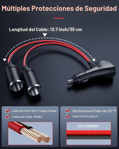 Vista 4 de ELECTOP Adaptador divisor de encendedor de cigarrillos de automóvil de 1 a 2 puertos de carga, enchufe de 12 V 24 V, adaptador de divisor en Y de 2