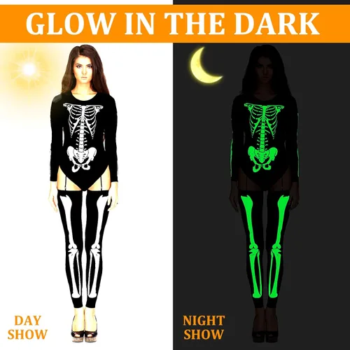Vista 3 de Jeyiour Disfraz de esqueleto de Halloween que brilla en la oscuridad, para mujer adulta